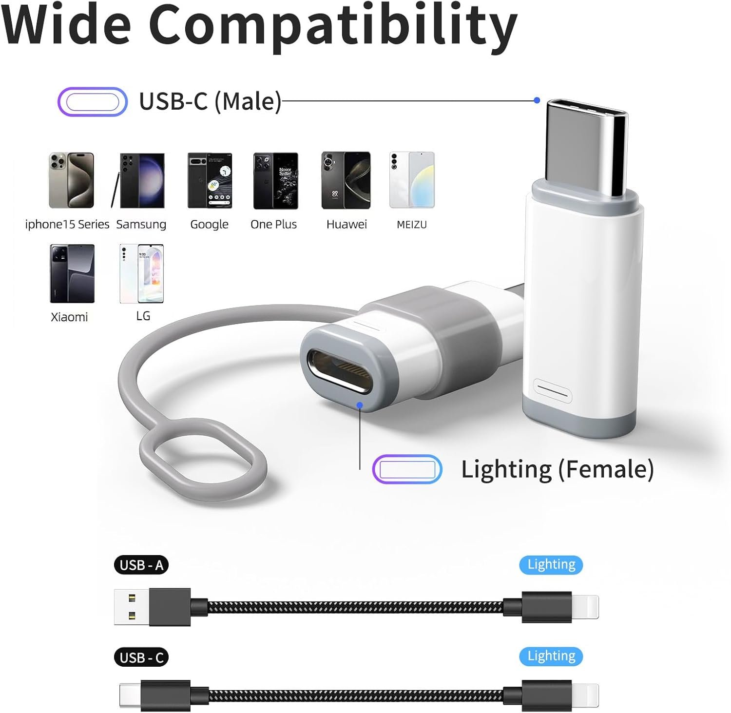 4 Pack Lightning to USB C Adapter for iPhone 15/16/16 Pro Max/Plus,Samsung S24,Support Charging & Data Transfer,Type C Charger Connector Cable,Lightning Female to USB C Male Adapter,Not for Audio - Image 8