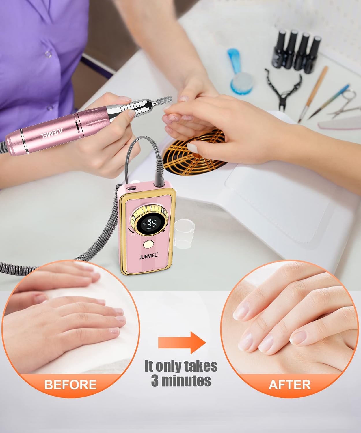 Nail Drills for Acrylic Nails Professional 35000rpm,JUEMEL Electric Nail File Machine 36W,Nail Drill Kits 120pcs for Home and Salon,Rechargeable Efile for Gel Nails,Acrylic,Manicure,Polishing Shape - Image 6