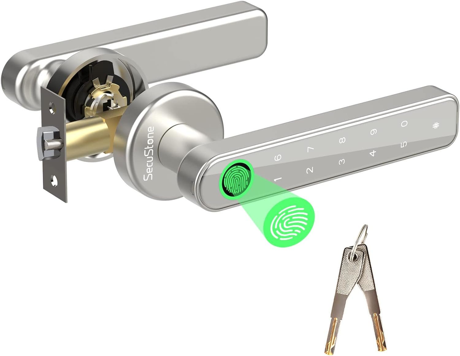 Secustone Fingerprint Door Lock, Smart Lock, Keyless Entry Door Lock, Smart Door Knob with Passcode, Fingerprint, Keys, Door Lock Fingerprint for Bedroom, Apartment, Office, Silver - Image 2