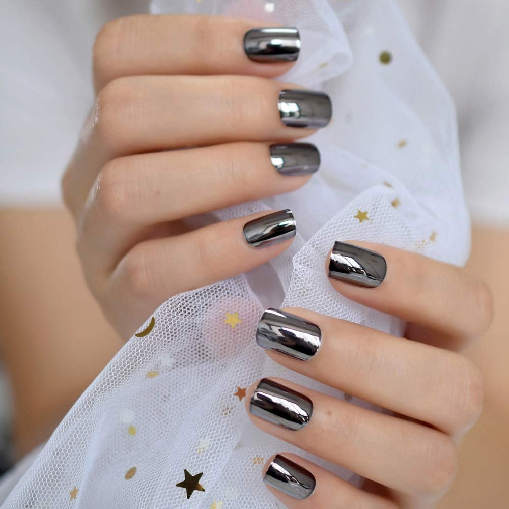 Coolnail Dark Smoky Gray Reflective Mirror Metal Plating False French Acrylic Nail Tips Punk Metallic Square Fake Nails With Glue Sticker - Image 6