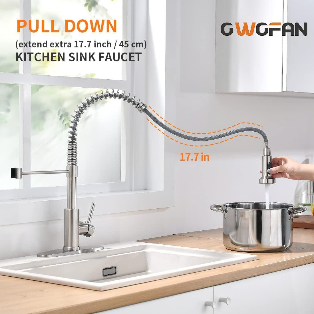 OWOFAN Kitchen Faucet with Pull Down Sprayer Brushed Nickel Stainless Steel Single Handle Pull Out Spring Sink Faucets 1 Hole Or 3 Hole Dual Function for Farmhouse Camper Laundry Utility Rv Wet Bar - Image 4