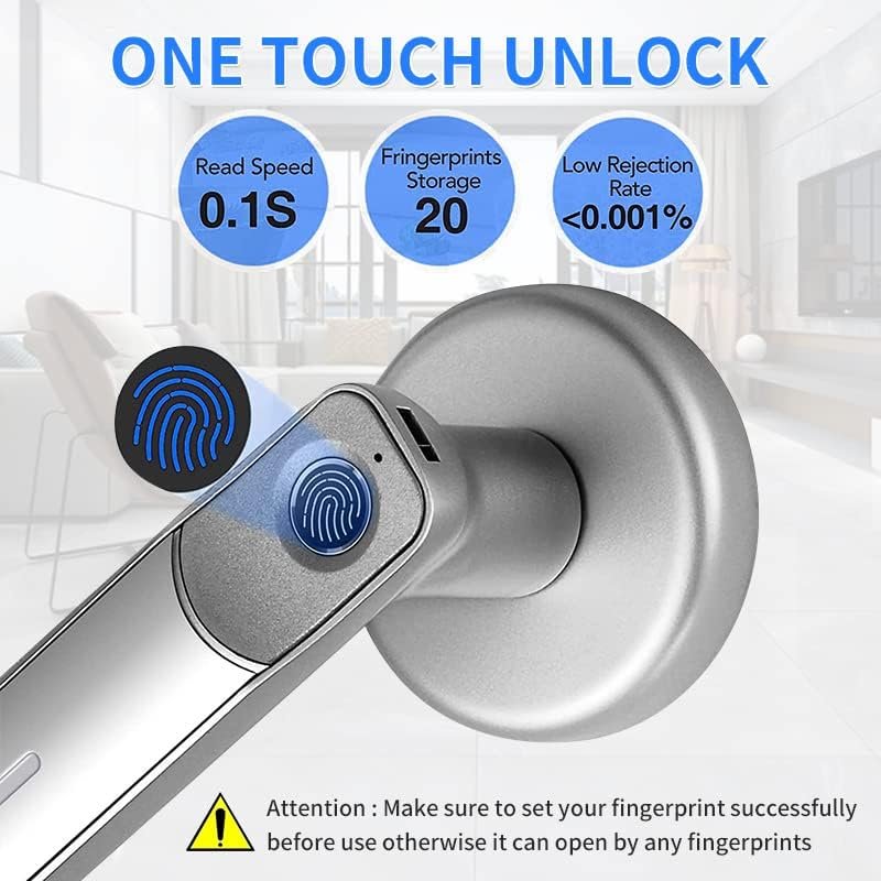 Fingerprint Door Lock Bedroom Door Lock Biometric Door Lock Keyless Electronic Door Knob with 30 Fingerprints Smart Lock for Home Storage Bedroom Office and Other Private Spaces(Silver) - Image 6