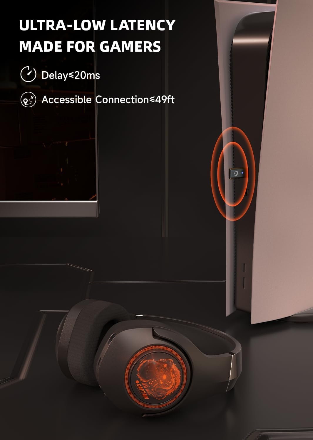 Gaming Headset Wireless, 2.4GHz Gaming Headphones Wireless with Noise Canceling Microphone for PS5, PS4, Fortnite & FPS Gamers, 40-Hr Battery Gamer Headphones for PC, Orange Chimpanzees - Image 3