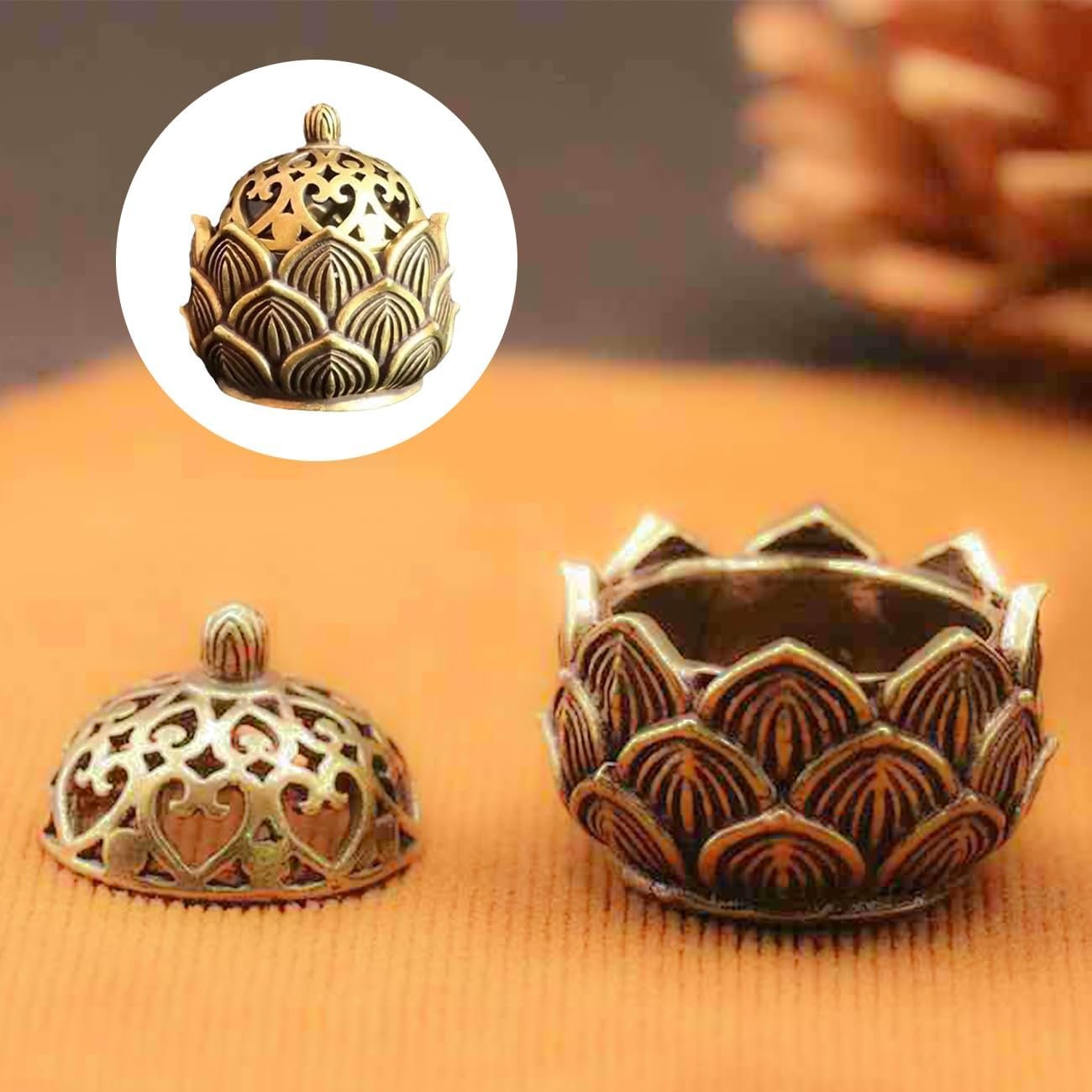 2 Pcs Mini Brass Lotus Flower Incense Holder Small Inscent Cone Burner Calligraphy Style Closed Incense for Incense Cones Home Office Zen Aromatherapy Ornament Meditation Spa Decoration - Image 5