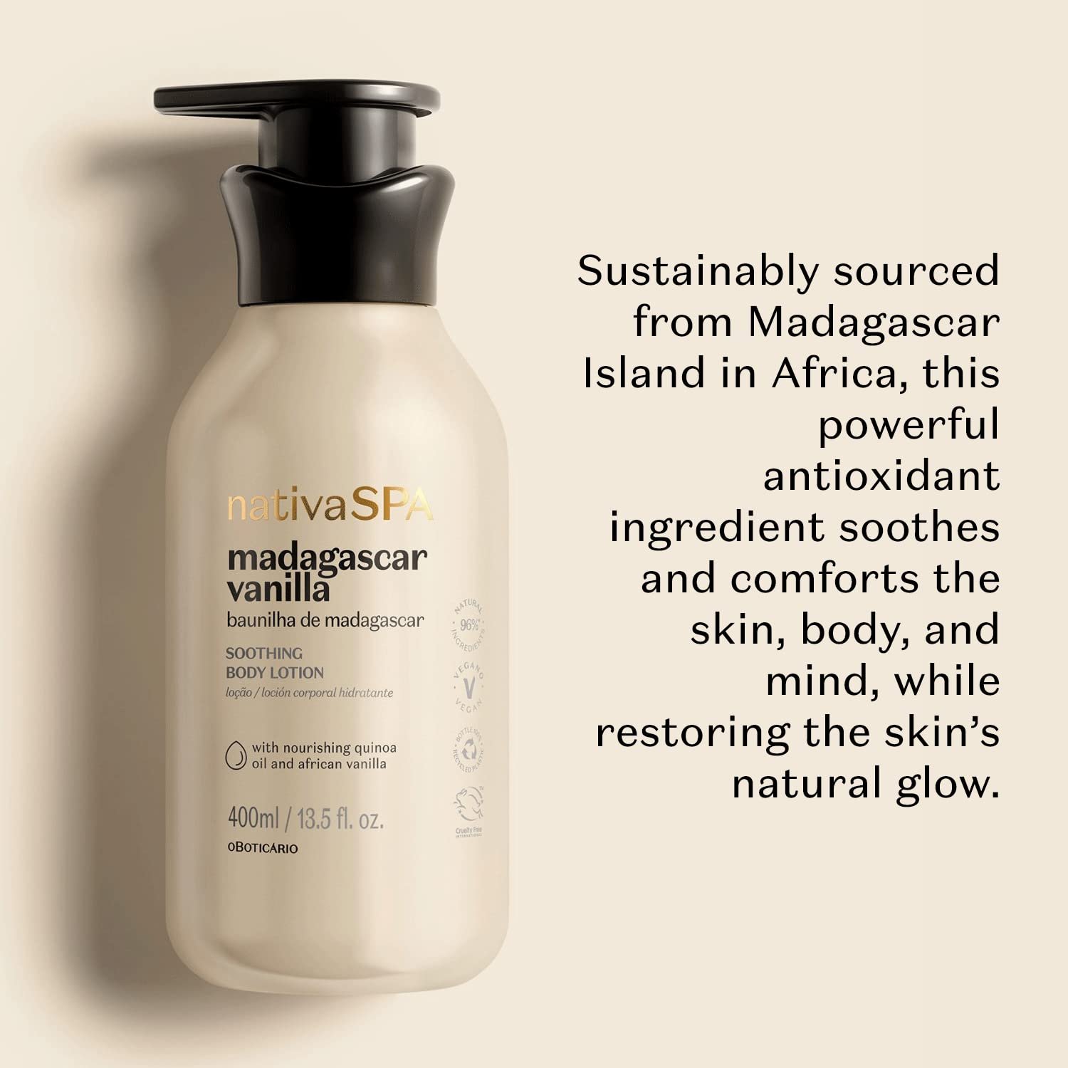 Nativa SPA by O Boticário, Madagascar Vanilla Moisturizing Body Lotion, Fragranced Skin Moisturizer with Purified Quinoa Drops, 13.5 Ounce - Image 3