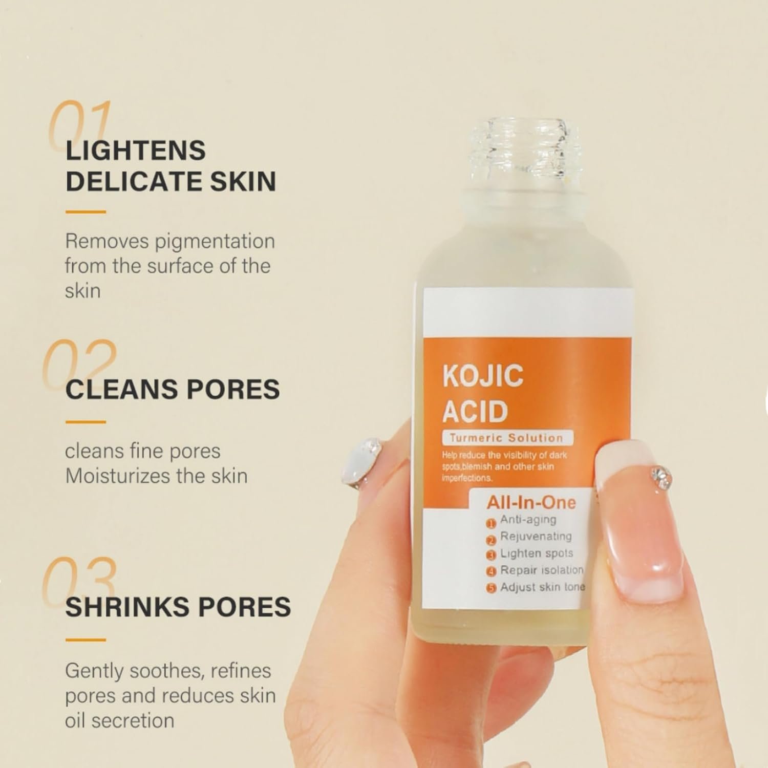 Kojic Acid Turmeric Serum, Hydrating Brightening Serum Dark Spots, Anti Wrinkle Fine Lines Dark Spot Corrector Nourishing Firming Daily Skin Care Serum, Hydrate Dull & Dry Skin 1.05 OZ - Image 7