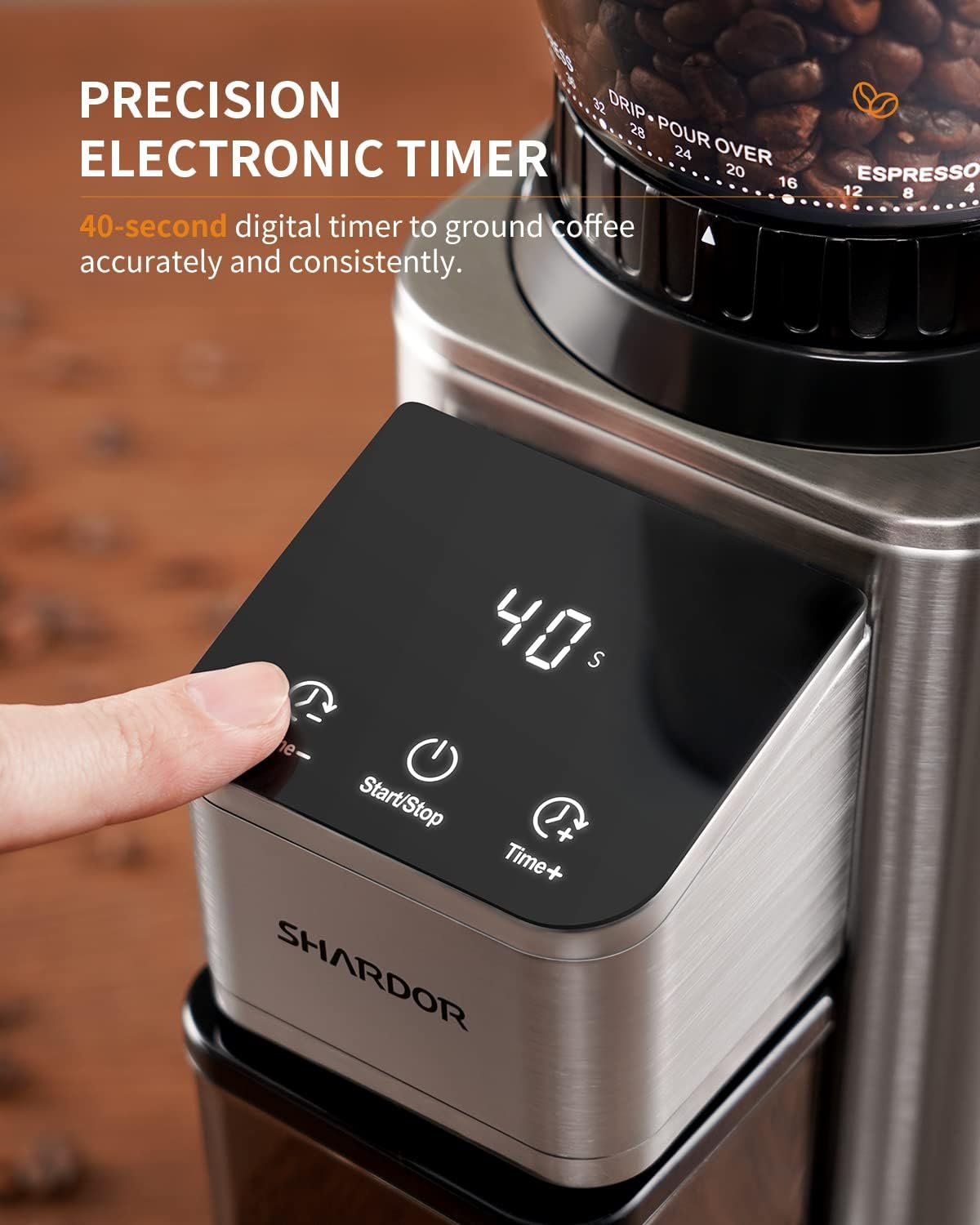 SHARDOR Conical Burr Coffee Grinder Electric, Adjustable Touchscreen Burr Mill with 48 Precise Settings, Precision Electronic Timer, Anti-static, Brushed Stainless Steel - Image 5