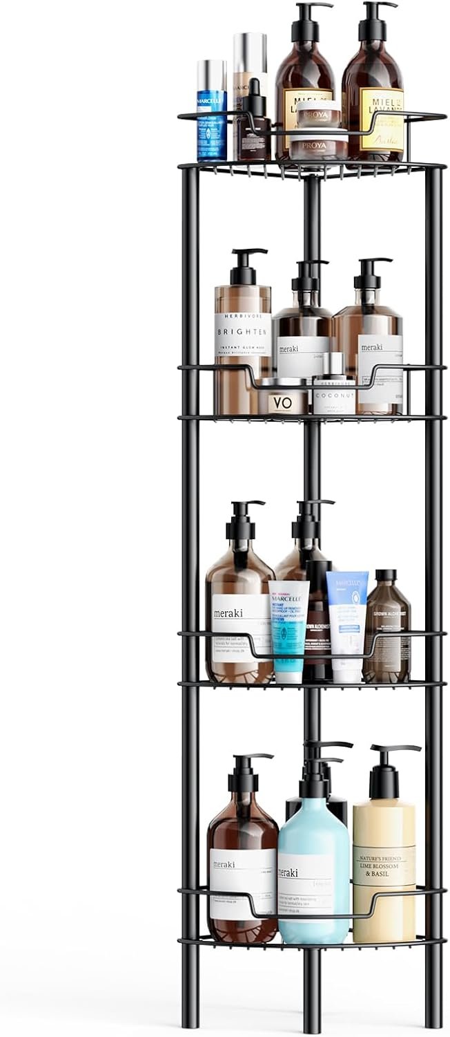 Corner Shower Caddy, 4 Tier Rustproof Shower Organizer Shelf for Bathroom Shampoo Storage, Waterproof Stainless Steel Floor Corner Stand Rack for Bathroom Balcony Kitchen, No Drilling, Black… - Image 2