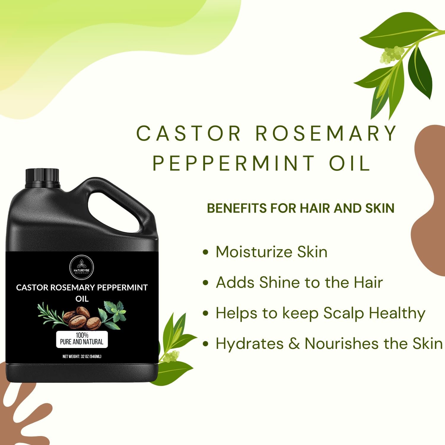 Naturevibe Botanicals Castor with Rosemary and Peppermint Oil 32 Ounces | 100% Pure and Natural | Great for Skin Care and Hair Care - Image 3
