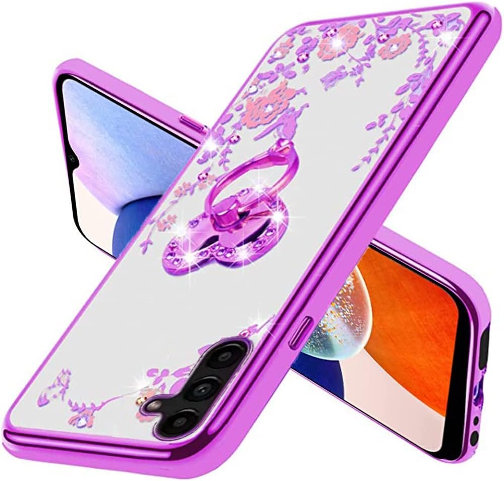 B-wishy for Samsung Galaxy A14 5G/A14 4G Glitter Crystal Butterfly Heart Floral Slim TPU Luxury Bling Cute Protective Cover with Kickstand+Strap for Samsung Galaxy A14 4G/5G (Purple) - Image 4