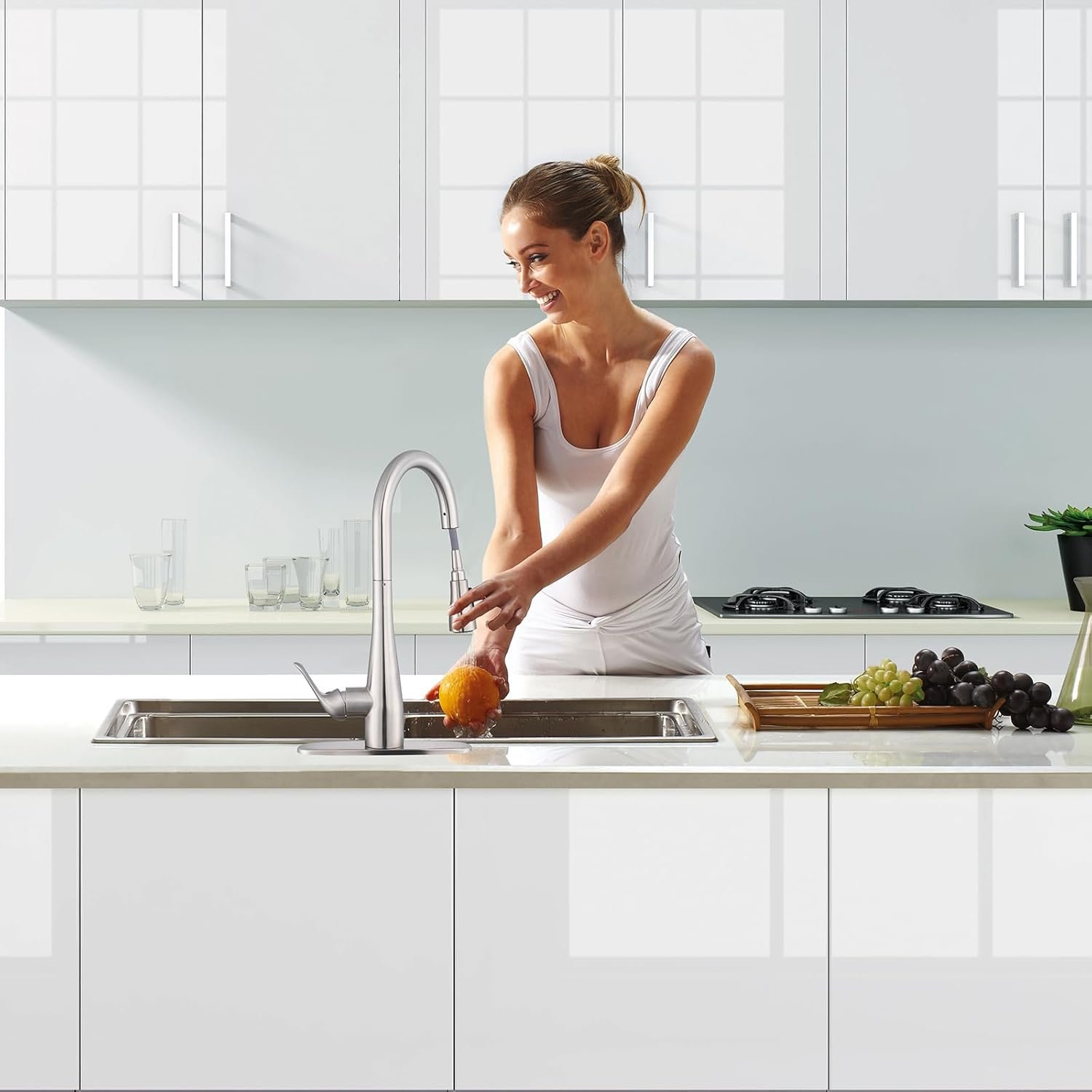 Touch on Kitchen Faucet with Soap Dispenser and Pull Down Sprayer - Single Handle Kitchen Sink Faucet, 1 or 3 Hole Design for Modern Farmhouse Kitchens, Rv, and Bar Sinks(Brushed Nickel) - Image 3