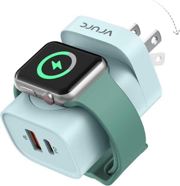 VRURC for Apple Watch Charger, 20W PD 3-in-1 Charger with Magnetic Wireless Charging and Dual Ports, Foldable Plug Portable USB C Wall Charging Block for iPhone 15 14 13 12, Android Tablets etc-Green - Image 2