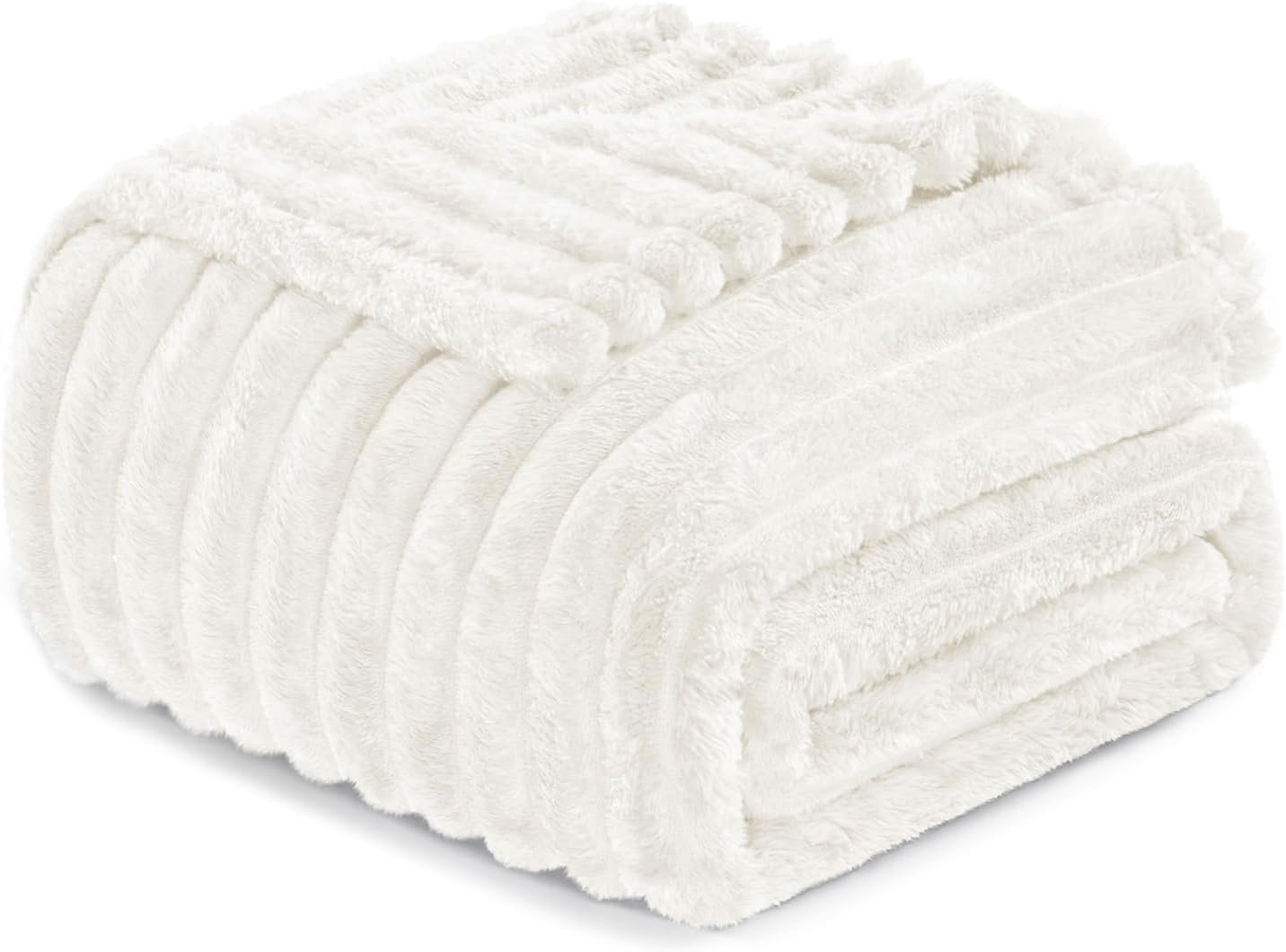 Exclusivo Mezcla Fleece Throw Blanket for Couch, Super Soft 3D Striped Jacquard Bed Blanket, Lightweight Fuzzy Cozy Blankets for All Seasons, 50x60 Inches, Ivory Blanket - Image 2