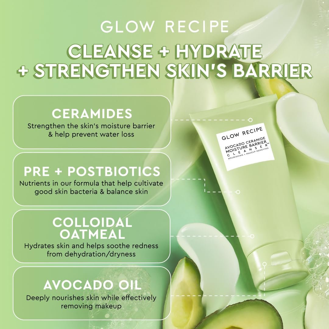Glow Recipe Avocado Ceramide Moisture Barrier Face Cleanser - Hydrating Facial Cleanser for Dry Skin - Daily Makeup Remover & Gentle Face Wash with Avocado Oil for Skin Barrier Repair (150ml) - Image 3