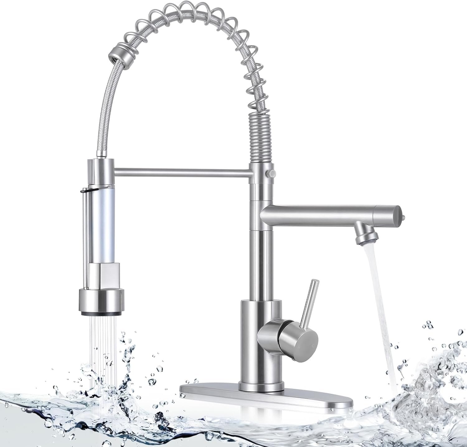 AKL Commercial Dual Spout Kitchen Faucet, Single Handle Spring Kitchen Faucets with Pull Down Sprayer, Stainless Steel Kitchen Sink Faucet with Deck Plate, Brushed Nickel - Image 2