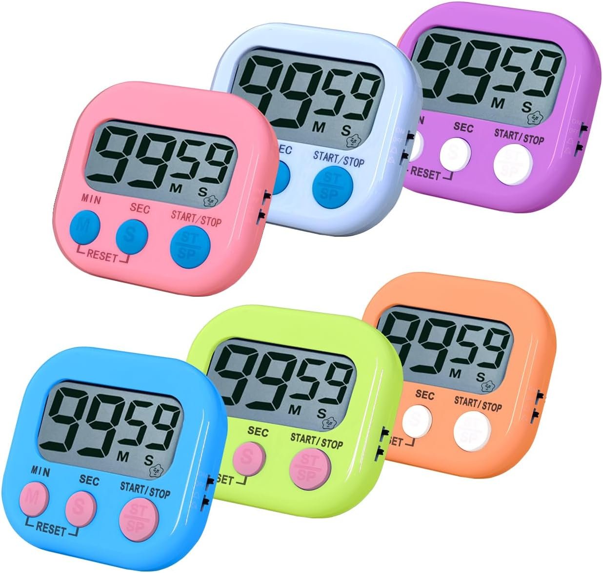 Digital Kitchen Timer, BESTWYA Electronic Timer with Clear LCD Screen Count Up and Down Function 3 Big Buttons On/Off Switch Button (6, 6 Colors (Dual Mode)) - Image 2