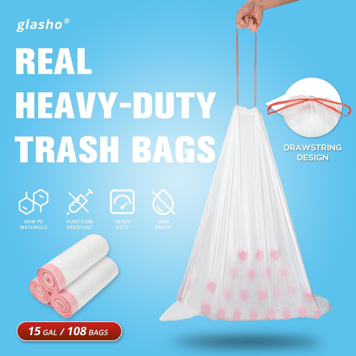 Ultra Thick 15 Gallon Drawstring Trash Bags, 108 Count Heavy Duty Large Plastic Garbage Bag, Leak Proof Trash Can Liners for Tall Kitchen Home Office Lawn Outdoor, White - Image 3