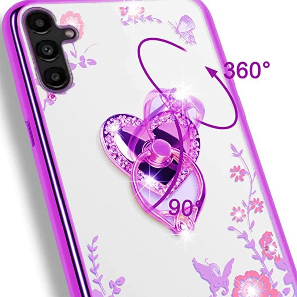 B-wishy for Samsung Galaxy A14 5G/A14 4G Glitter Crystal Butterfly Heart Floral Slim TPU Luxury Bling Cute Protective Cover with Kickstand+Strap for Samsung Galaxy A14 4G/5G (Purple) - Image 5