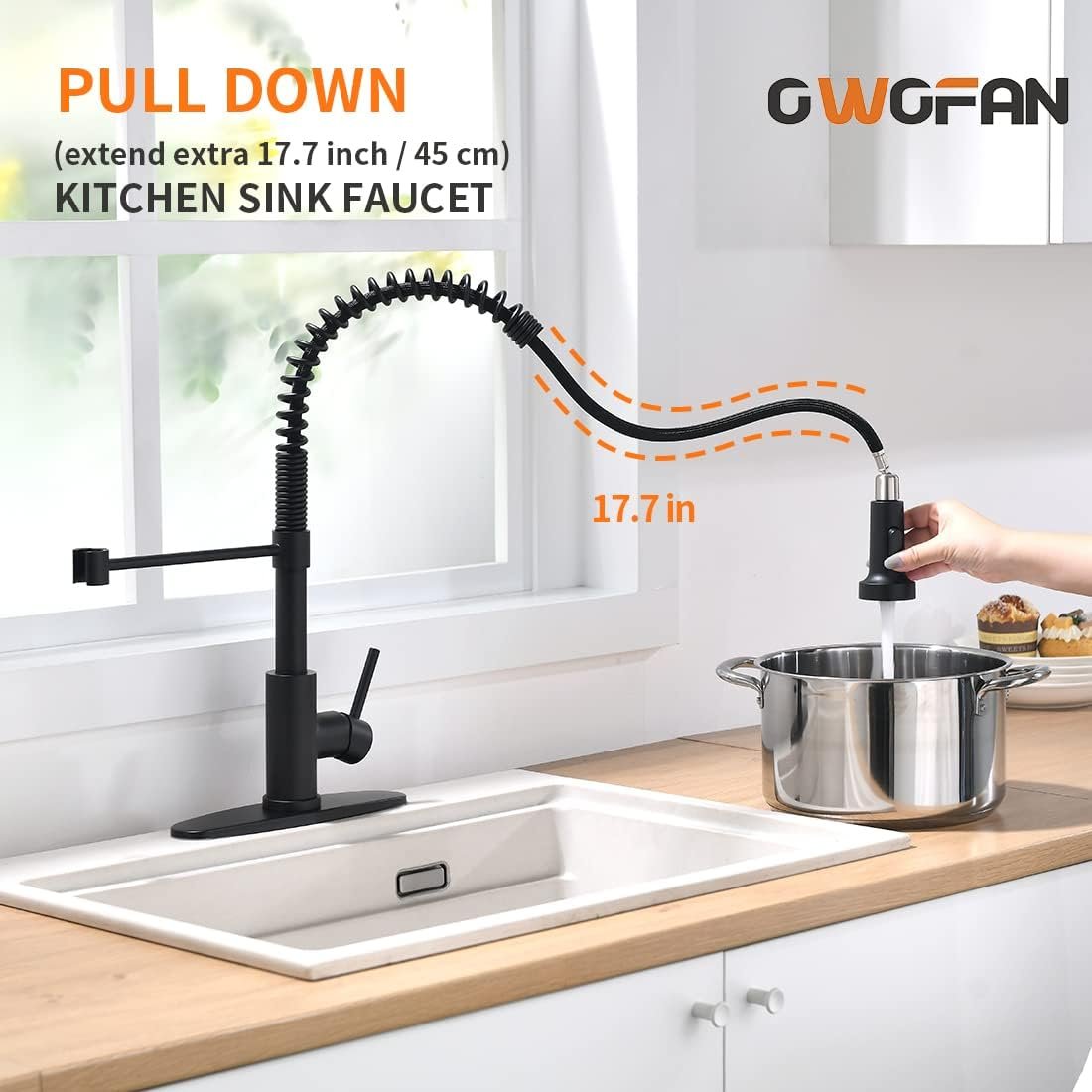 OWOFAN Black Kitchen Faucet with Pull Down Sprayer Stainless Steel Single Handle Pull Out Spring Sink Faucets 1 Hole Or 3 Hole Dual Function for Farmhouse Camper Laundry Utility Rv Wet Bar - Image 4