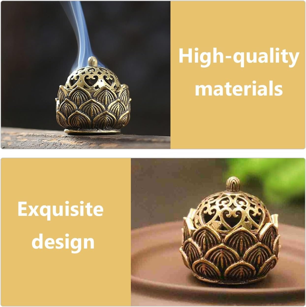 2 Pcs Mini Brass Lotus Flower Incense Holder Small Inscent Cone Burner Calligraphy Style Closed Incense for Incense Cones Home Office Zen Aromatherapy Ornament Meditation Spa Decoration - Image 3