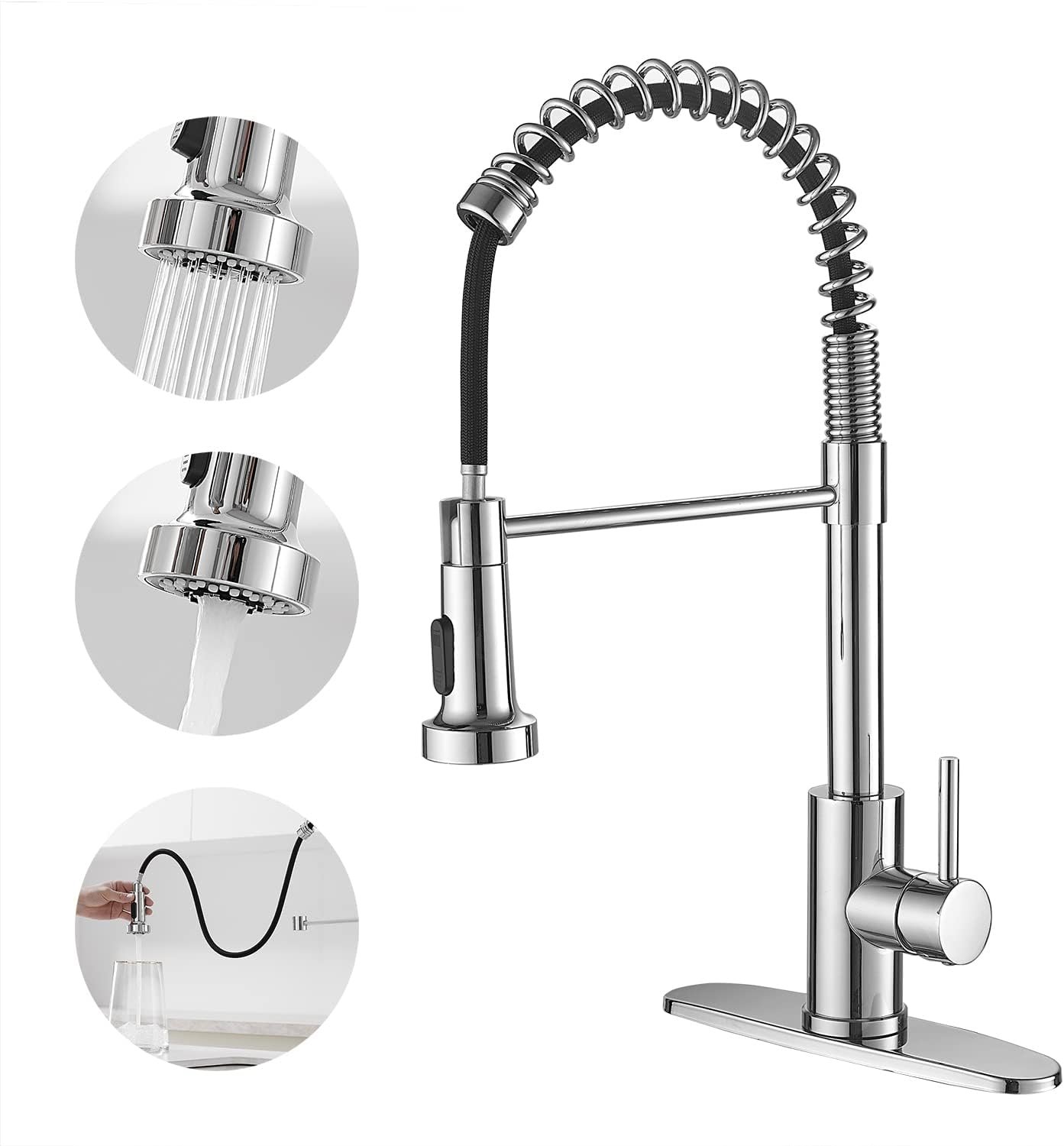 VOTON Kitchen Faucets with Pull Out Sprayer Commercial Spring Sink Faucet Stainless Steel Chrome Pull Down Single Handle Farmhouse faucets with Deck Plate for Camper Laundry Utility Rv Wet Bar - Image 2