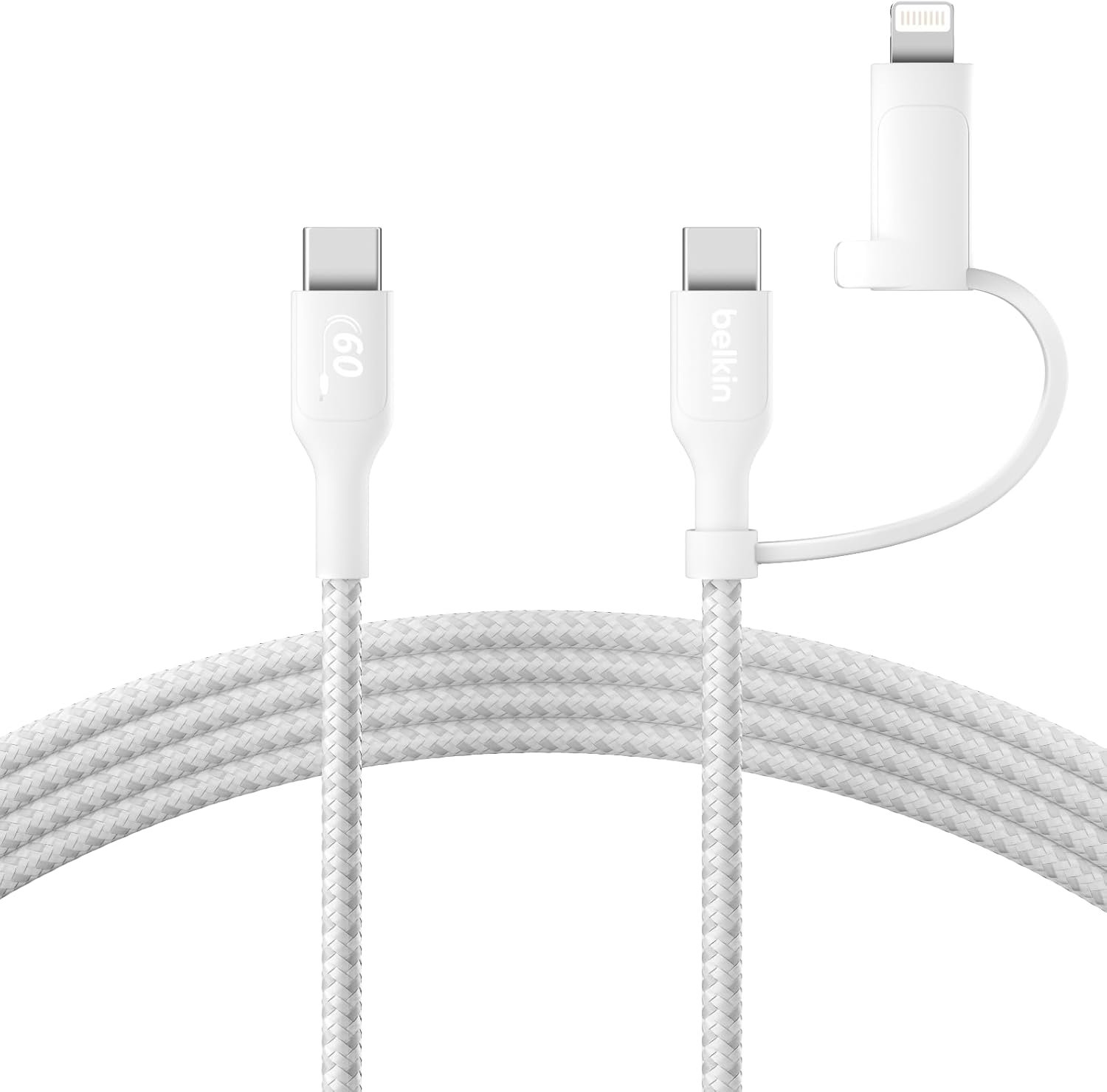 Belkin BoostCharge 2-in-1 USB-C Charging Cable w/USB-C & Lightning Connector - Braided Fast-Charging Cable, Multi-Charging Combo Cord for Apple iPhone, iPad, Samsung, MacBook, & More - White - Image 2