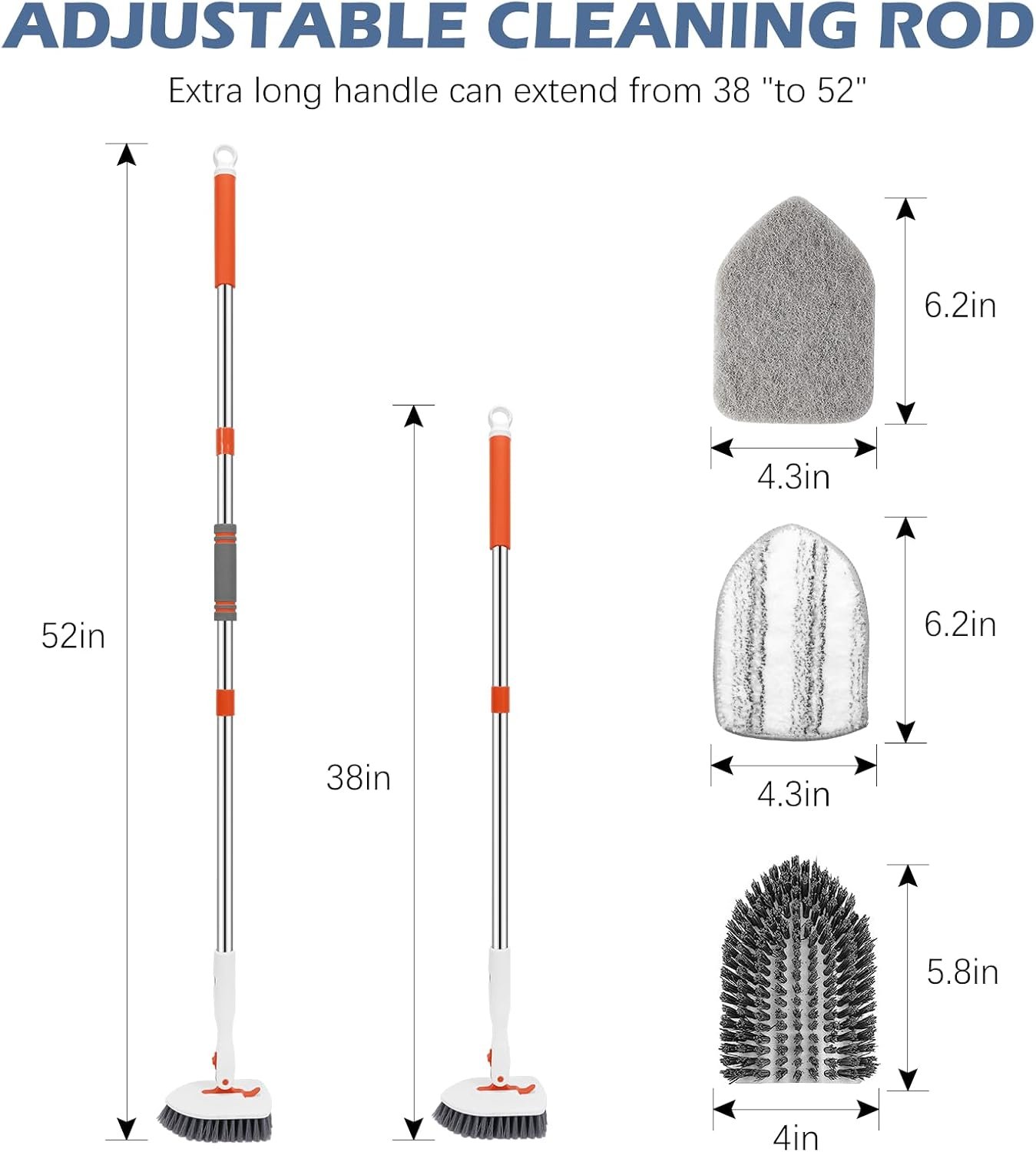 SetSail Floor Scrub Brush, 3-In-1 Tile Tub Floor Scrubber with 52-inch Adjustable Long Handle Shower Cleaner Brush and 3 Detachable Replacement Brush Heads for Cleaning Bathroom Kitchen Walls Tub Tile - Image 3