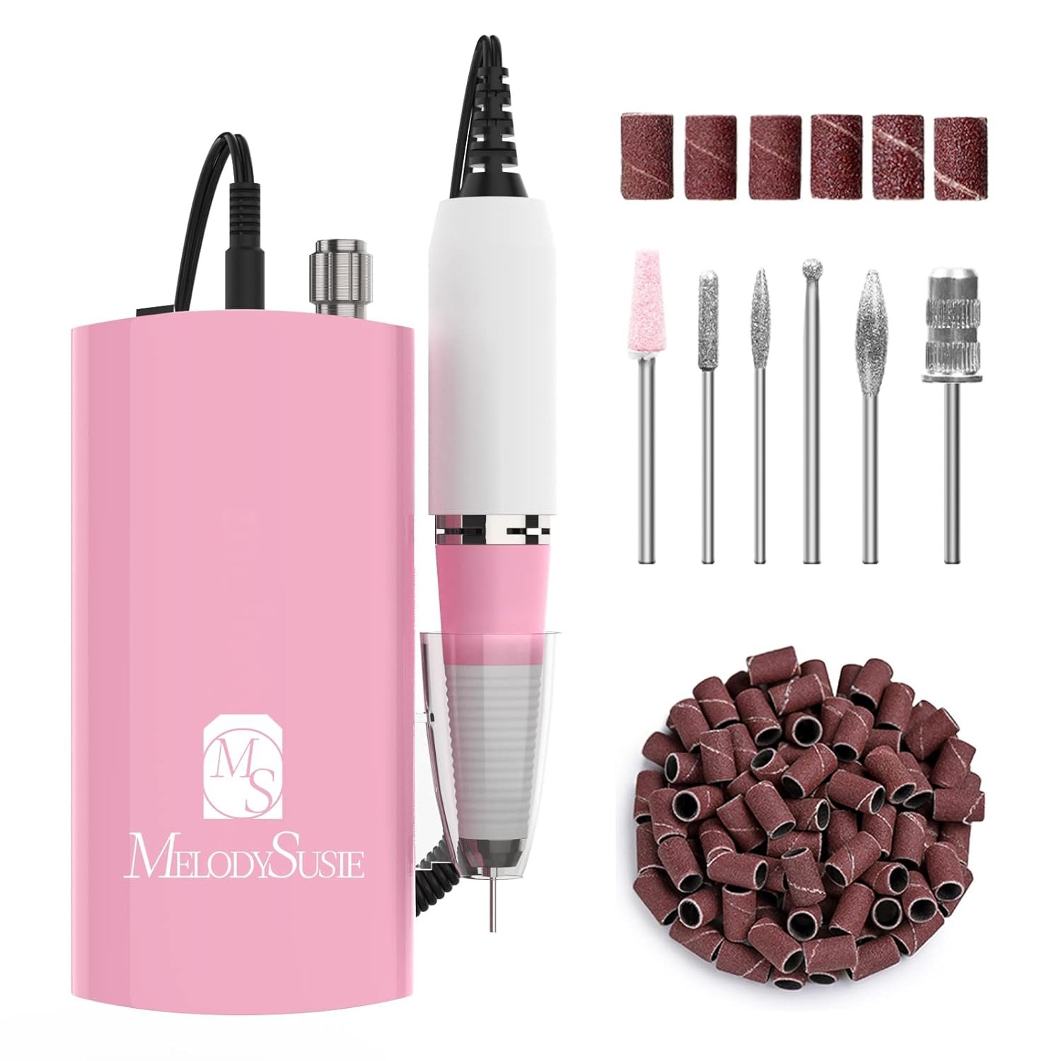MelodySusie Professional SC300I Electric Nail Drill, 30000 RPM Rechargeable Portable Nail Drills, Cordless Electric Nail File Machine with 6 Bits and 106 Sanding Bands , Pink - Image 2