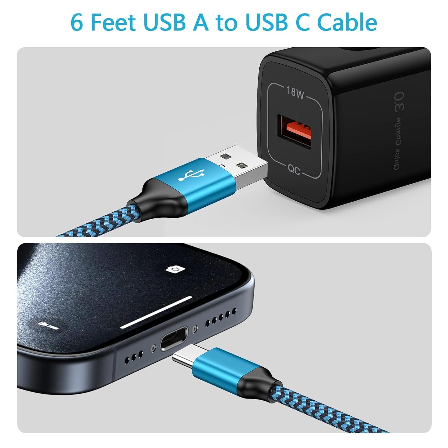 2Pack 6ft Fast Charging Cable for iPhone 16, 16 Pro Max, 16 Pro, 16 Plus, 15, 15 Pro Max Plus, Samsung Galaxy S24 Ultra Plus S23 S22 S21+ S20 FE 5G S10, USB A to Type C Cord Phone Charger - Image 7