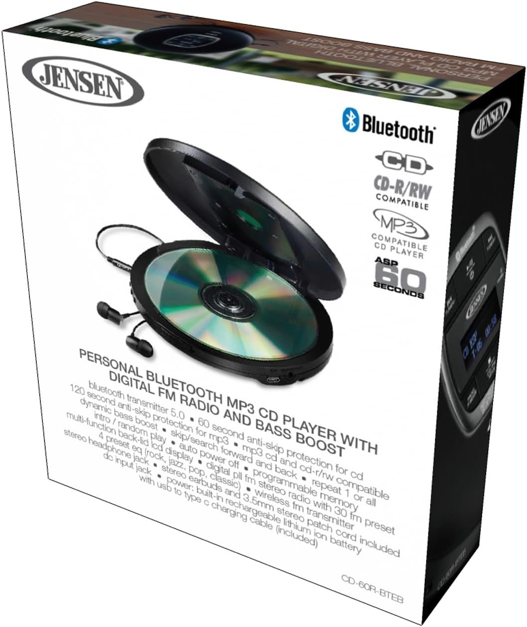Jensen Professional Portable CD Player with Bluetooth | CD-R/RW MP3 Playback | FM Radio | Mega Bass Boost | Pro in-Ear Wired Earbuds | (Matte Black Edition) - Image 7