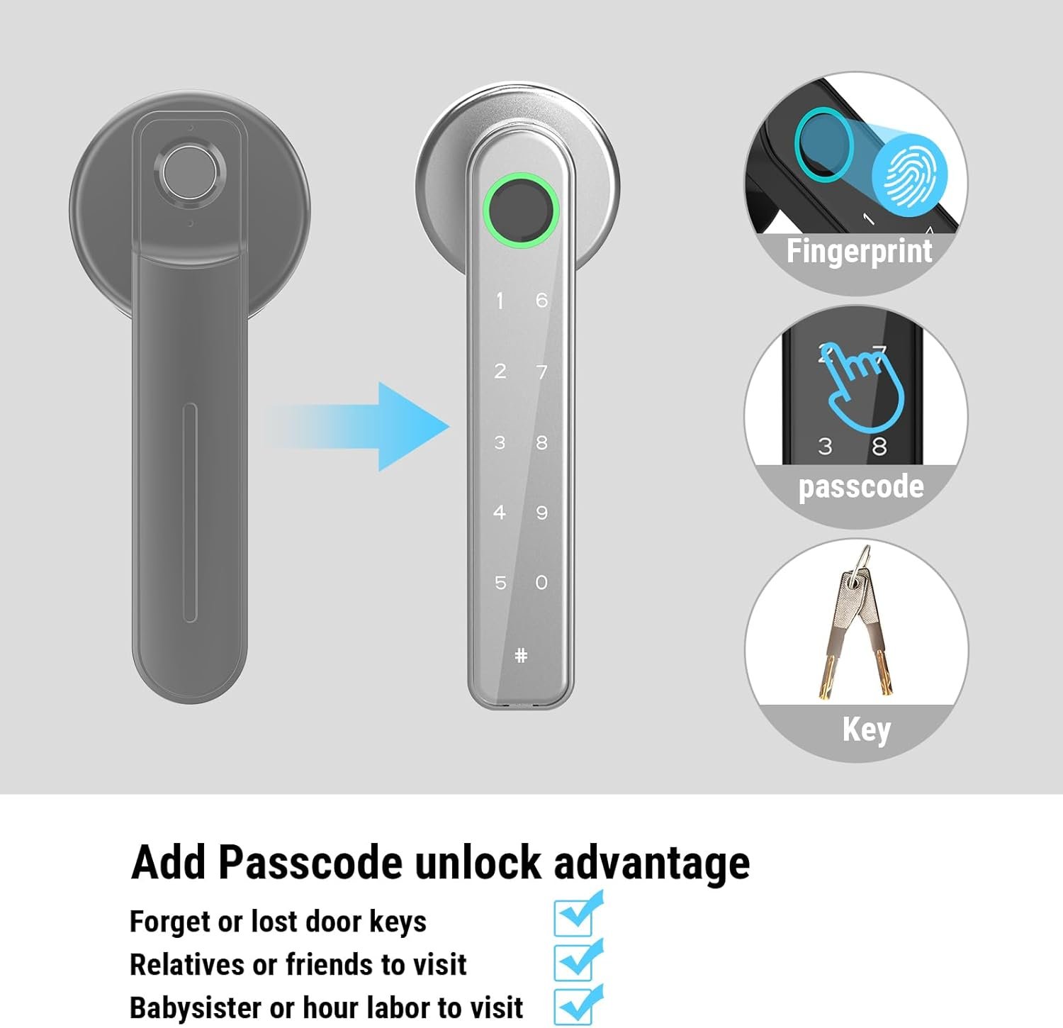 Secustone Fingerprint Door Lock, Smart Lock, Keyless Entry Door Lock, Smart Door Knob with Passcode, Fingerprint, Keys, Door Lock Fingerprint for Bedroom, Apartment, Office, Silver - Image 5