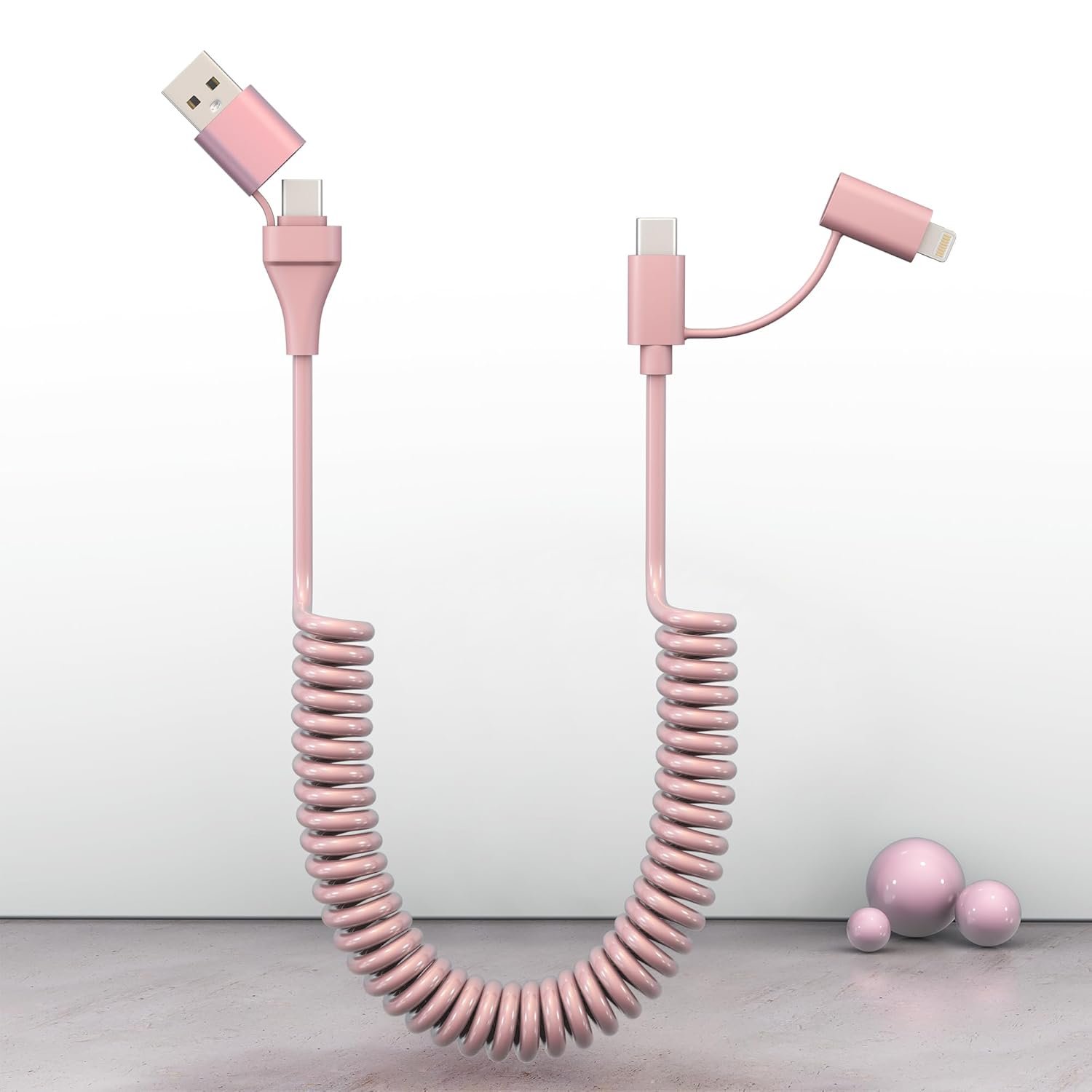 Coiled USB C to Lightning Cable 4 in 1, PD 60W Fast Charging & Data Sync,6FT Multi Charging Cable for Apple CarPlay & Android Auto,USB/USB C to USB C/Lightning Cable Combo for iPhone/Pad/Android,Pink - Image 2