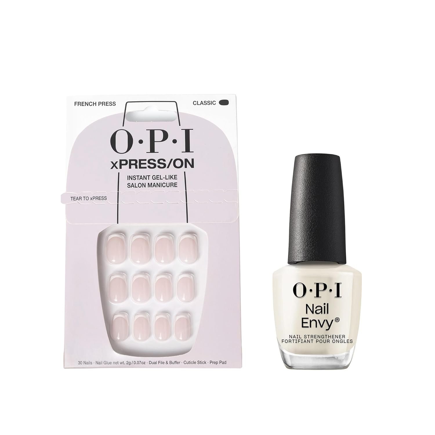 Bundle of OPI xPress/ON Press On Nails, With Nail Glue, French Tip Nail Art, Short, French Press + OPI Nail Envy, Nail Strengthening Treatment, Stronger Nails in 1 Week, Vegan Formula, 0.5 fl oz - Image 2