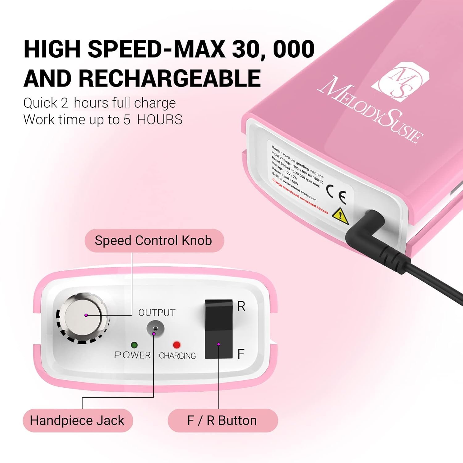 MelodySusie Professional SC300I Electric Nail Drill, 30000 RPM Rechargeable Portable Nail Drills, Cordless Electric Nail File Machine with 6 Bits and 106 Sanding Bands , Pink - Image 4