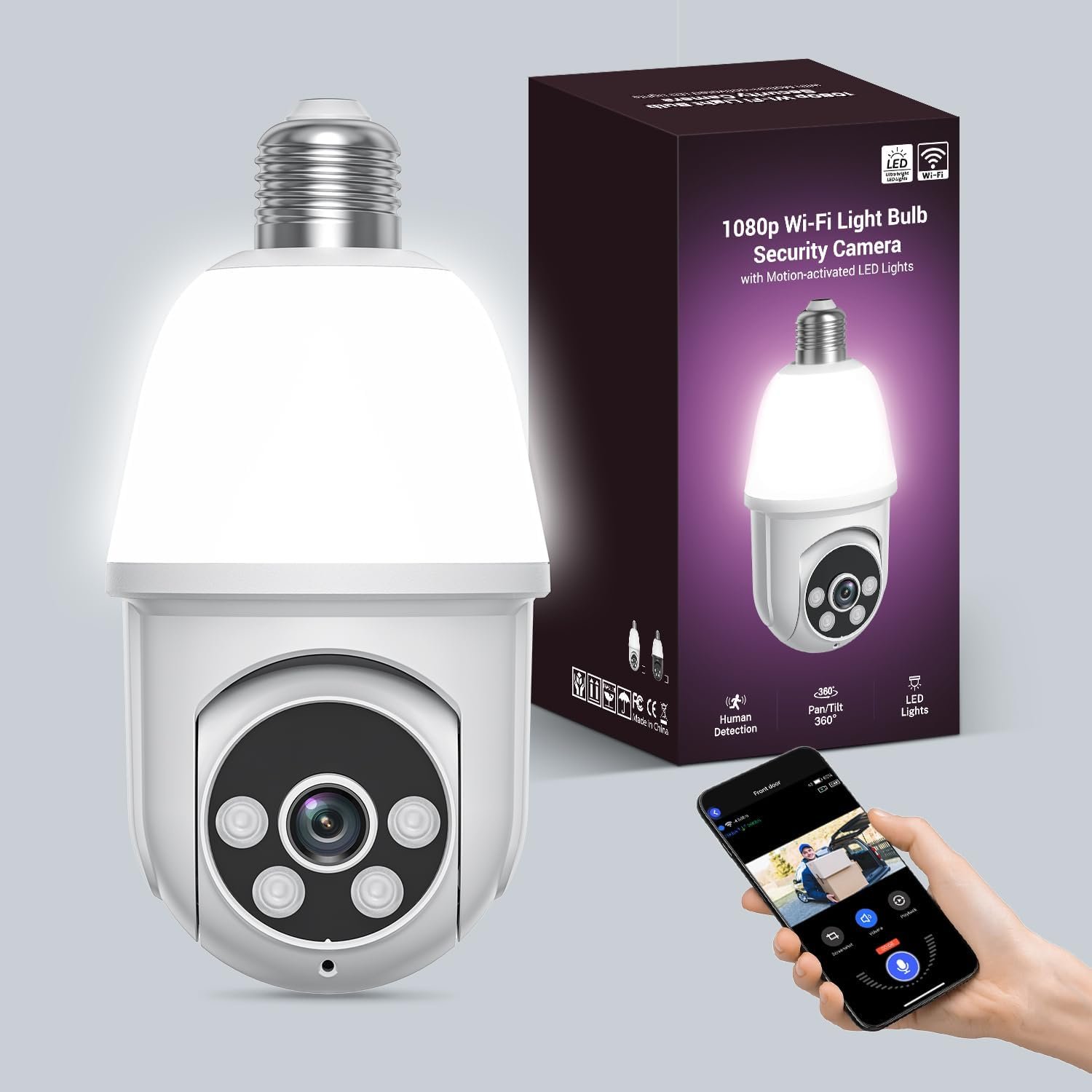 1080P Light Bulb Security Camera, 2.4GHz WiFi Only, 2-Way Talk, Color Night Vision, AI Human Detection for Indoor/Outdoor Home Security (with LED Bulb), Cloud Storage Sold Separately - Image 2