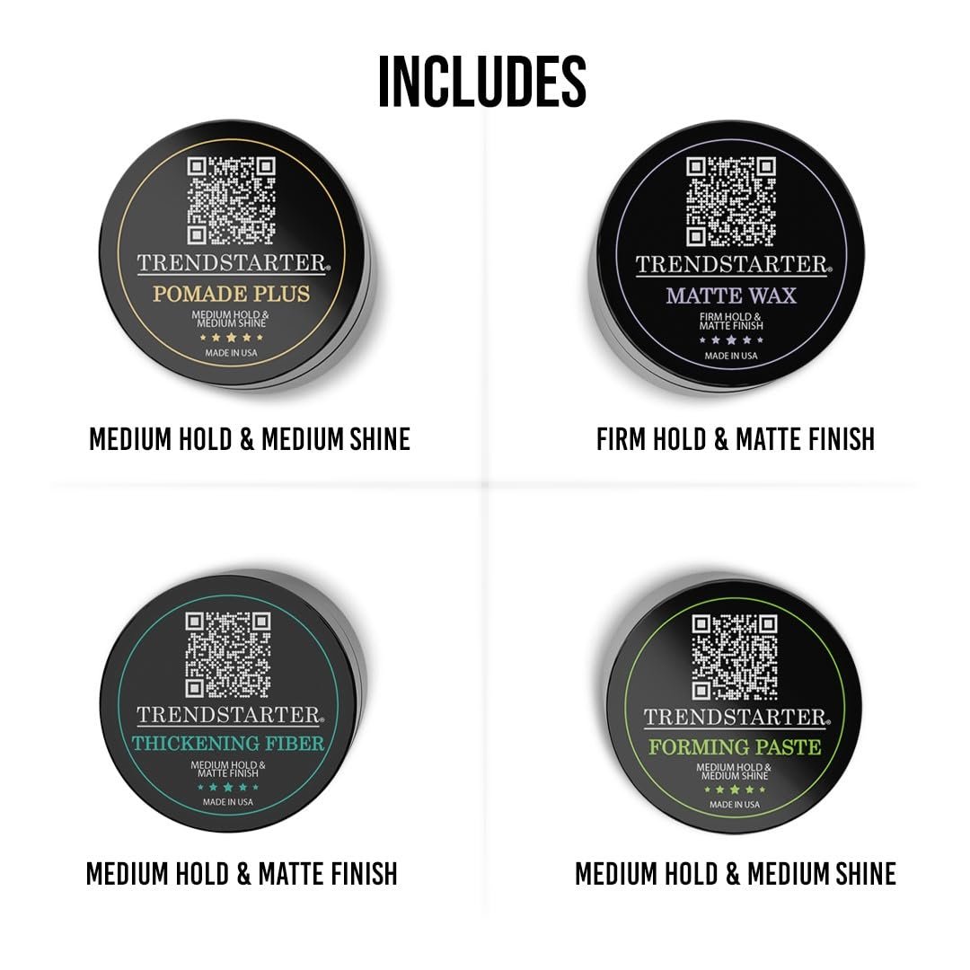 TRENDSTARTER - POMADE SAMPLE PACK - TEST BEFORE YOU INVEST - Matte Wax - Forming Paste - Thickening Fiber - Pomade Plus (Four 0.25oz Samples) - Image 5
