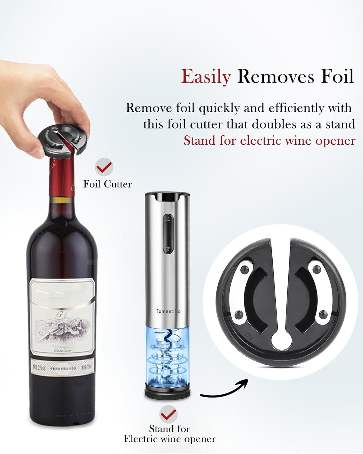 Electric Wine Opener Tomentific, Rechargeable Automatic Wine Corkscrew Bottle Opener With Foil Cutter, Type-C Charging Wine Openers With LED Light For Home Party Wedding Gifts (Stainless Steel) - Image 8