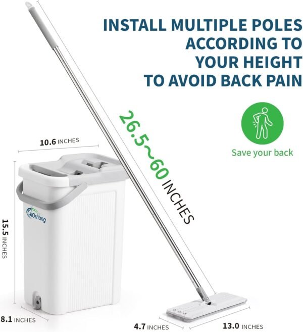 oshang Mop and Bucket Set for Home Floor Cleaning, Hands Free Flat Mop, Stainless-Steel Handle, 4 Washable & Reusable Microfiber Pads - Image 8