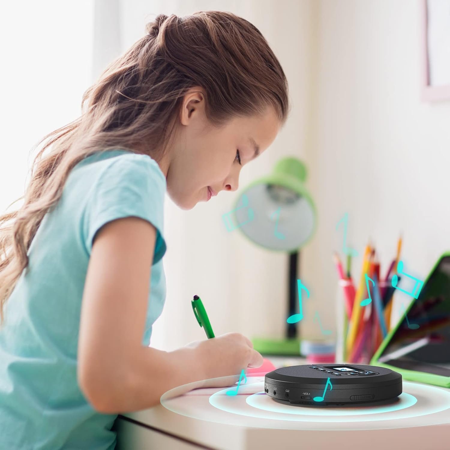 CD Player Portable, DESOBRY Portable CD Player with Speakers & FM Transmitter, Compact CD Player for Car Built-in 2000mAh Rechargeable Battery, Walkman CD Player with LCD Screen, Earphones, AUX Cord - Image 8