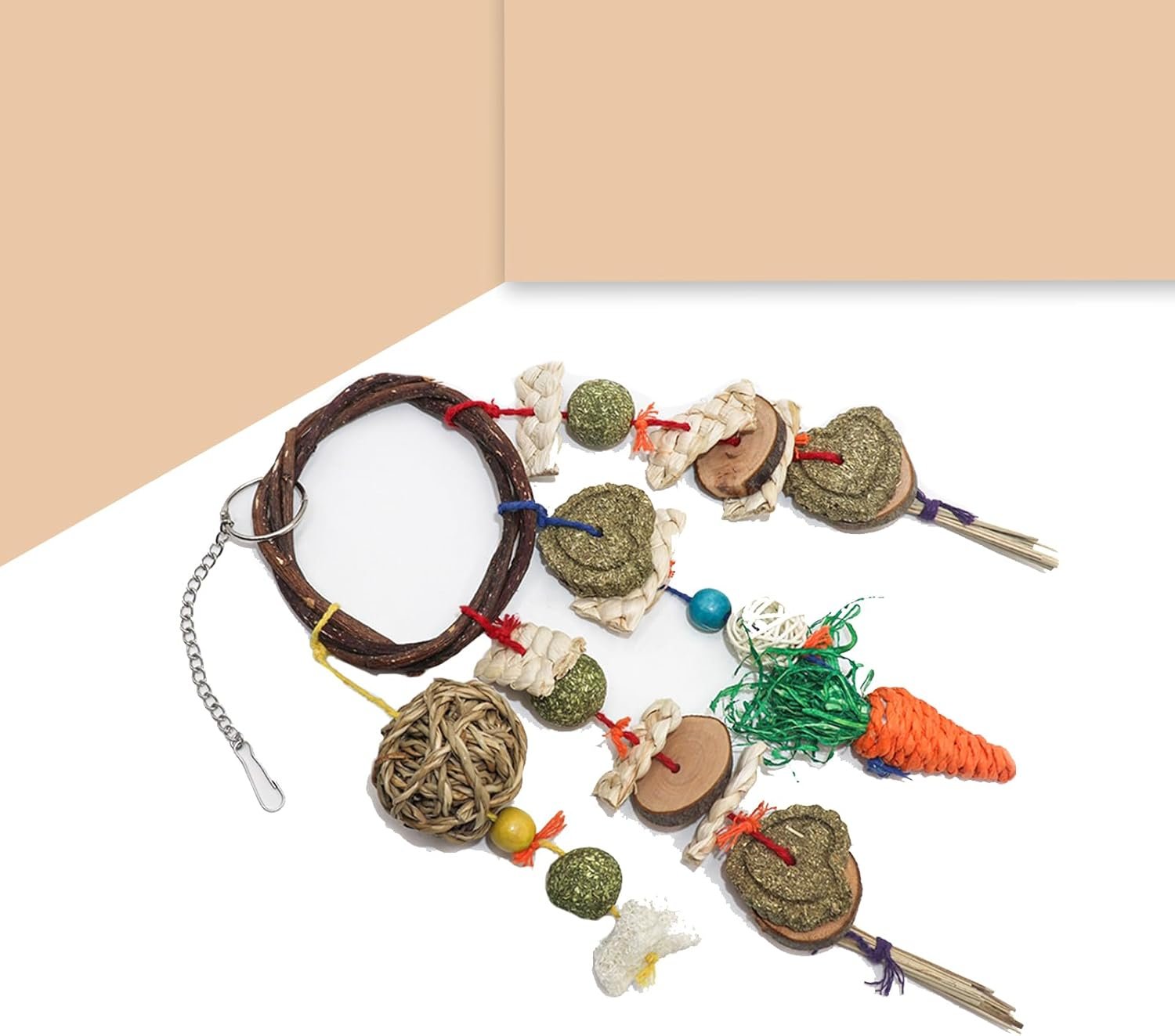 Grddaef Rabbit Chew Toy, Bunny Cage Hanging Toy Rattan Ring Treats Grinding Teeth for Rabbit Guinea Pig Chinchilla Hamster Ferret - Image 7