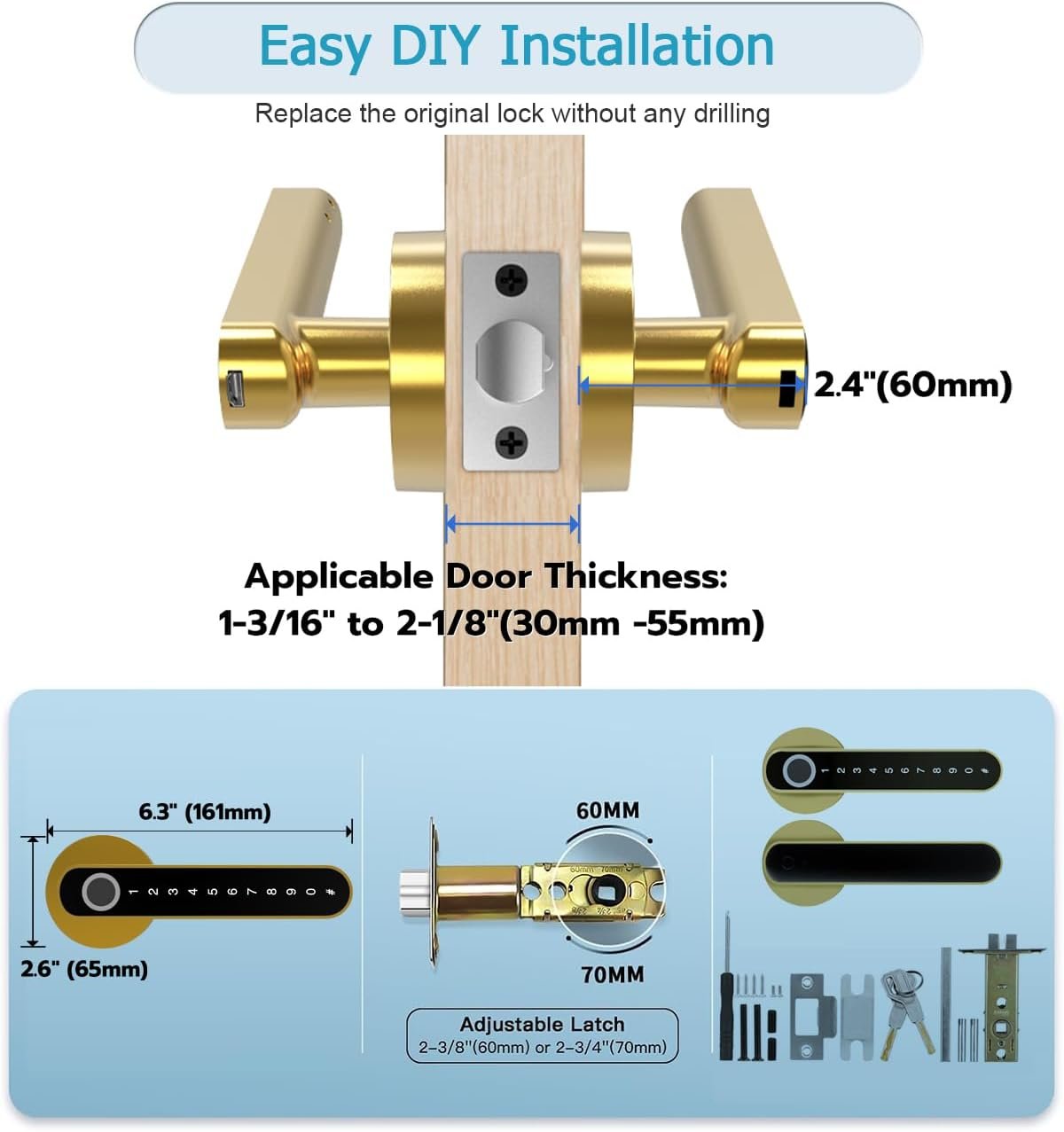 Fingerprint Handle Door Lock Smart Door Lock Levers eLinkSmart Digital Keyless Entry Door Knob Watch App Open Knob Lock for Bedroom Gold - Image 7