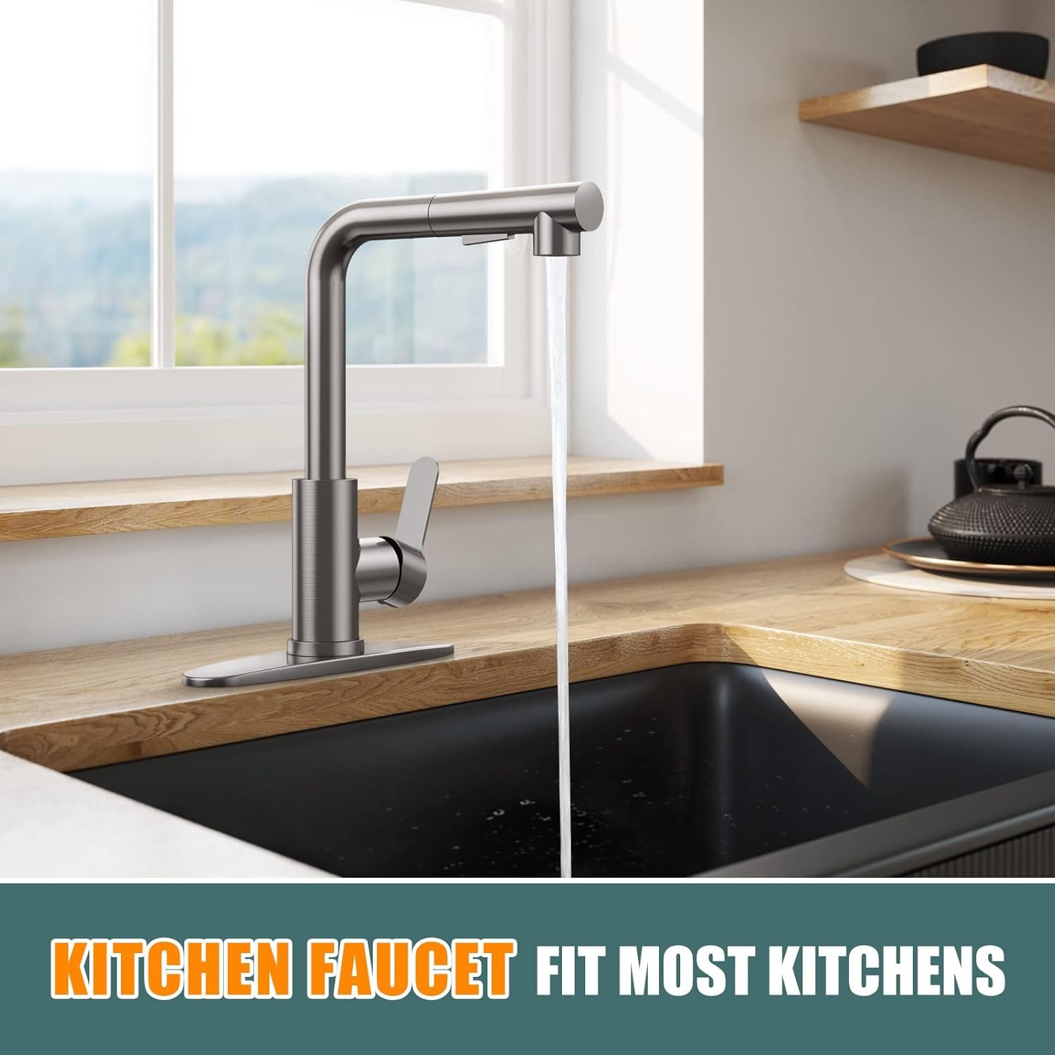 Kitchen Faucets, Brushed Grey Kitchen Faucet with Pull Down Sprayer and Deck Plate, Stainless Steel Commercial Utility Kitchen Faucets for Sink 3 Hole for Bar Rv Camper Laundry Outdoor Farmhouse Sink - Image 9