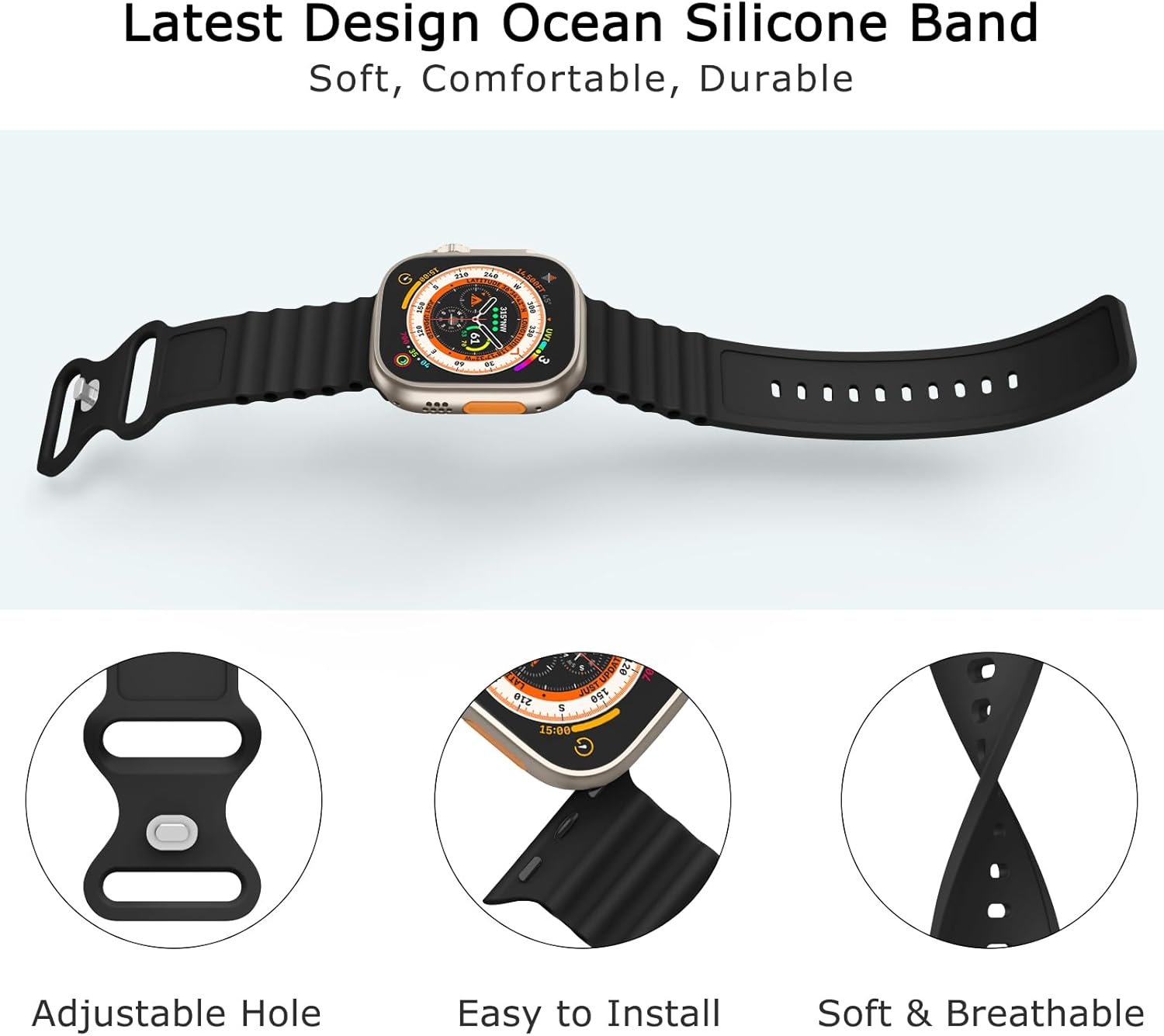 Silicone Ocean Bands Compatible with Apple Watch Band Ultra 49mm 45mm 44mm 41mm 38mm 40mm 42mm for Women Men, Sport Ocean Loop Wristband for iWatch Ultra 2/Ultra SE2/SE Series 109 8 7 6 5 4 3 2 1 - Image 3