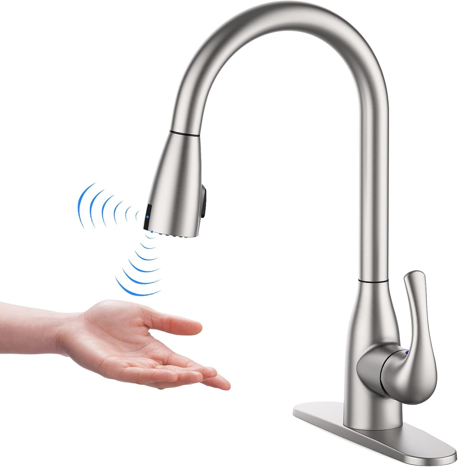 Touchless Kitchen Faucet with Pull Down Sprayer, Double Sensor Pulldown Faucet, High Arc Single Handle Faucet for 3 Hole Deck Mount (Brushed Nickel) - Image 2