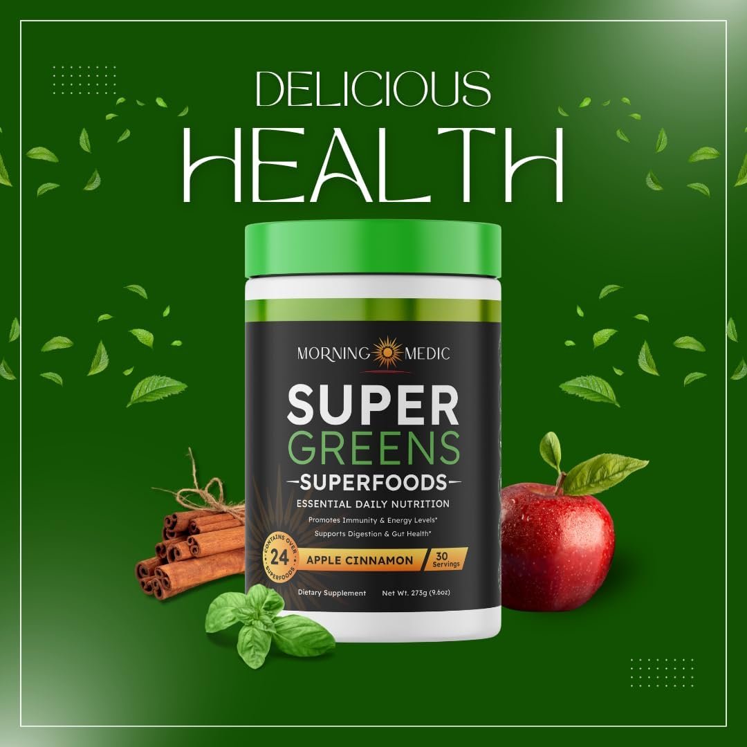 Super Greens Powder with 24+ Superfoods, Premium Nutrient-Dense Blend, Promotes Immunity & Energry Levels, Supports Disgestion & Gut Health, Apple Cinnamon Flavor, 9.6 oz - Image 6