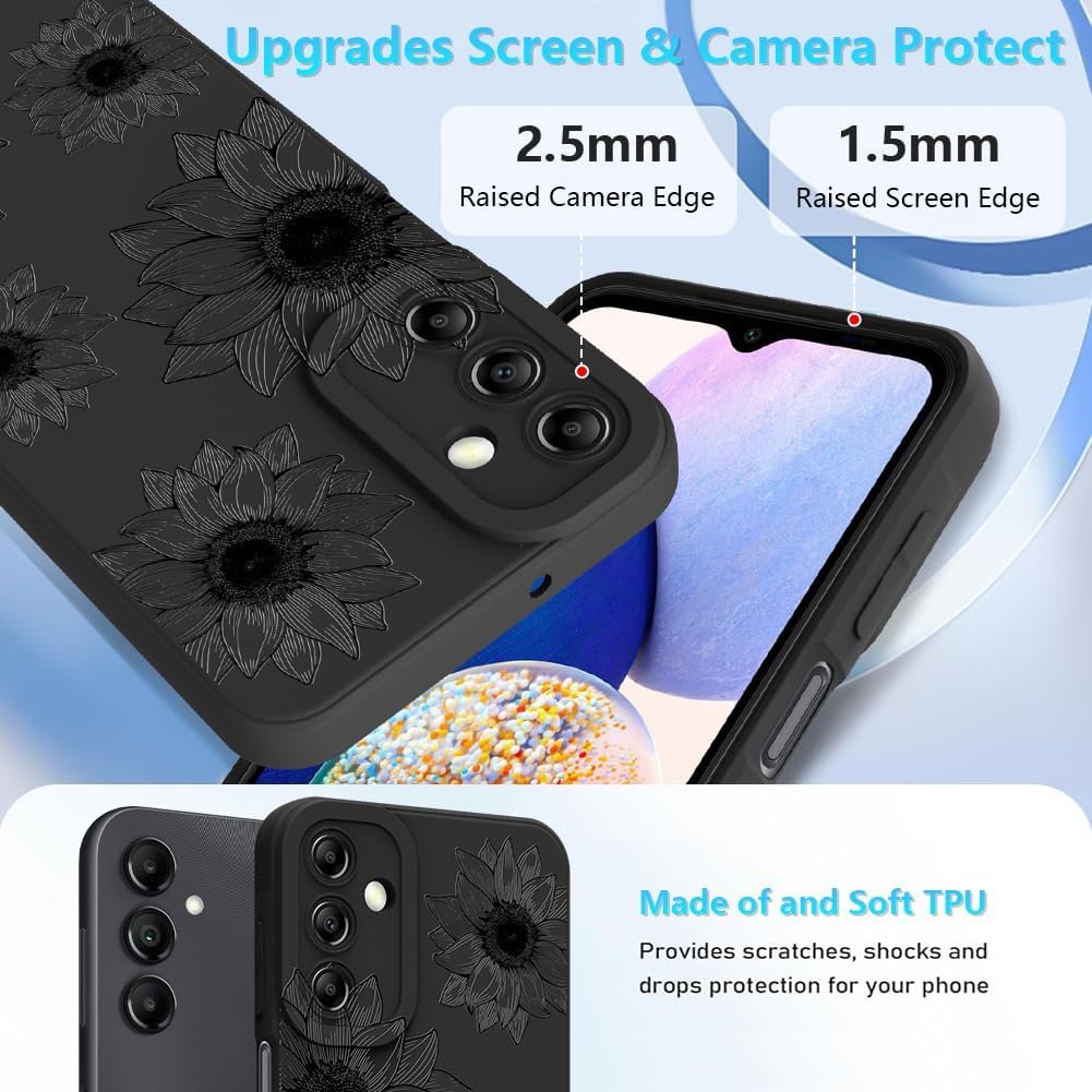 OOK Floral case for Samsung Galaxy A14 Case, Cute Sunflower Floral Blooms Design Soft TPU Shockproof Protective for Women Girls Phone Cover - Black Flower - Image 4