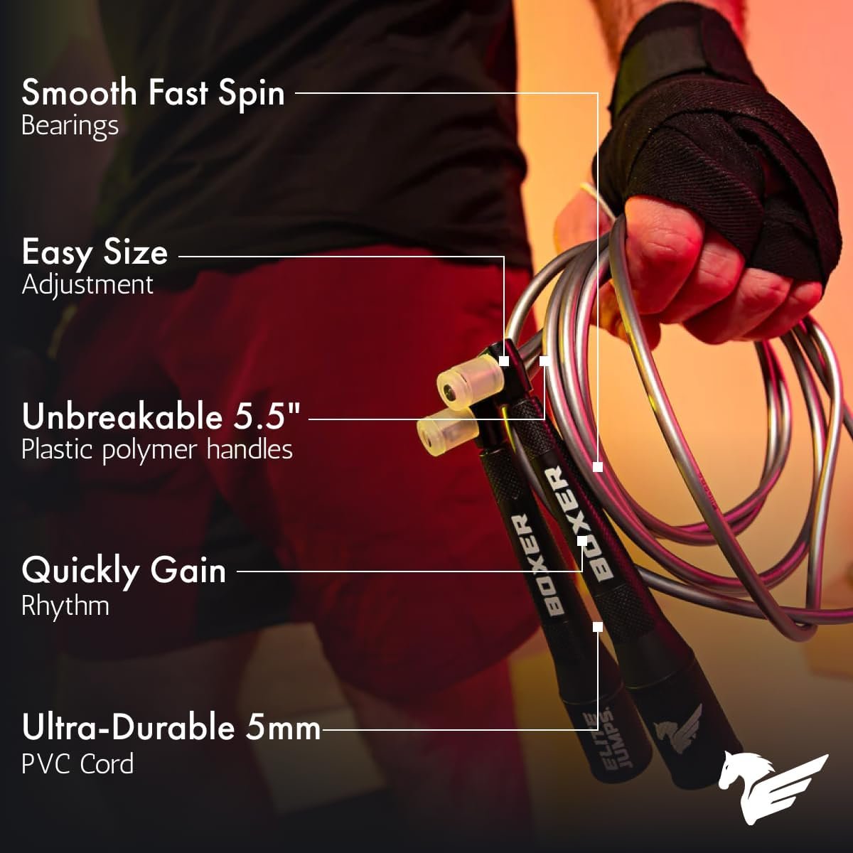 Elite Jumps Boxer Jump Rope 3.0 for Fitness & Cardio Training | Professionally Designed Boxing Jump Rope w/Smooth Action Polymer Handles & Slip-Resistant Grips | Tangle-Free PVC Jump Rope - Image 3