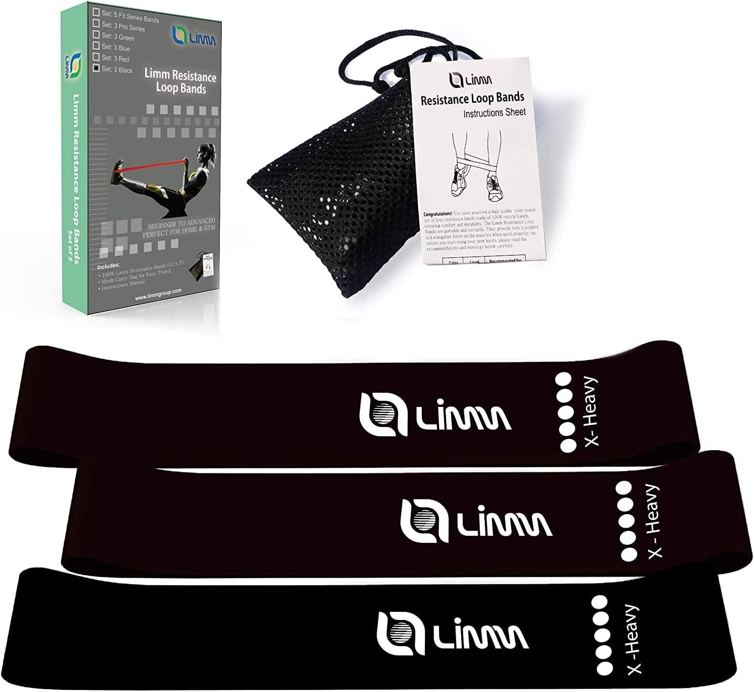 Limm Resistance Loop Exercise Bands - Set of 3 Bands for Working Out with Instruction Guide & Carry Bag - Mini Resistance Bands for Home Workouts, 12" x 2" - Image 2