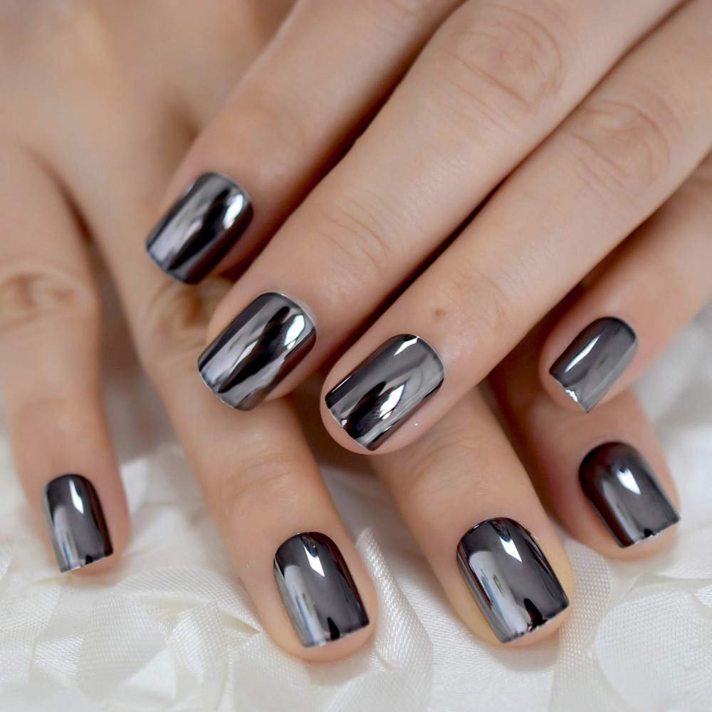 Coolnail Dark Smoky Gray Reflective Mirror Metal Plating False French Acrylic Nail Tips Punk Metallic Square Fake Nails With Glue Sticker - Image 7