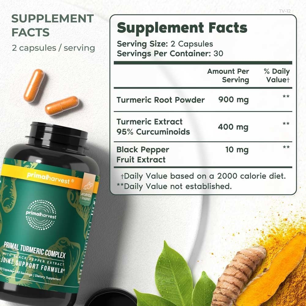 Primal Harvest 1 Pack, Primal Turmeric Complex w/Black Pepper Extract, Joint and Mobility Support Supplement for Women & Men, 60 Capsules - Image 3